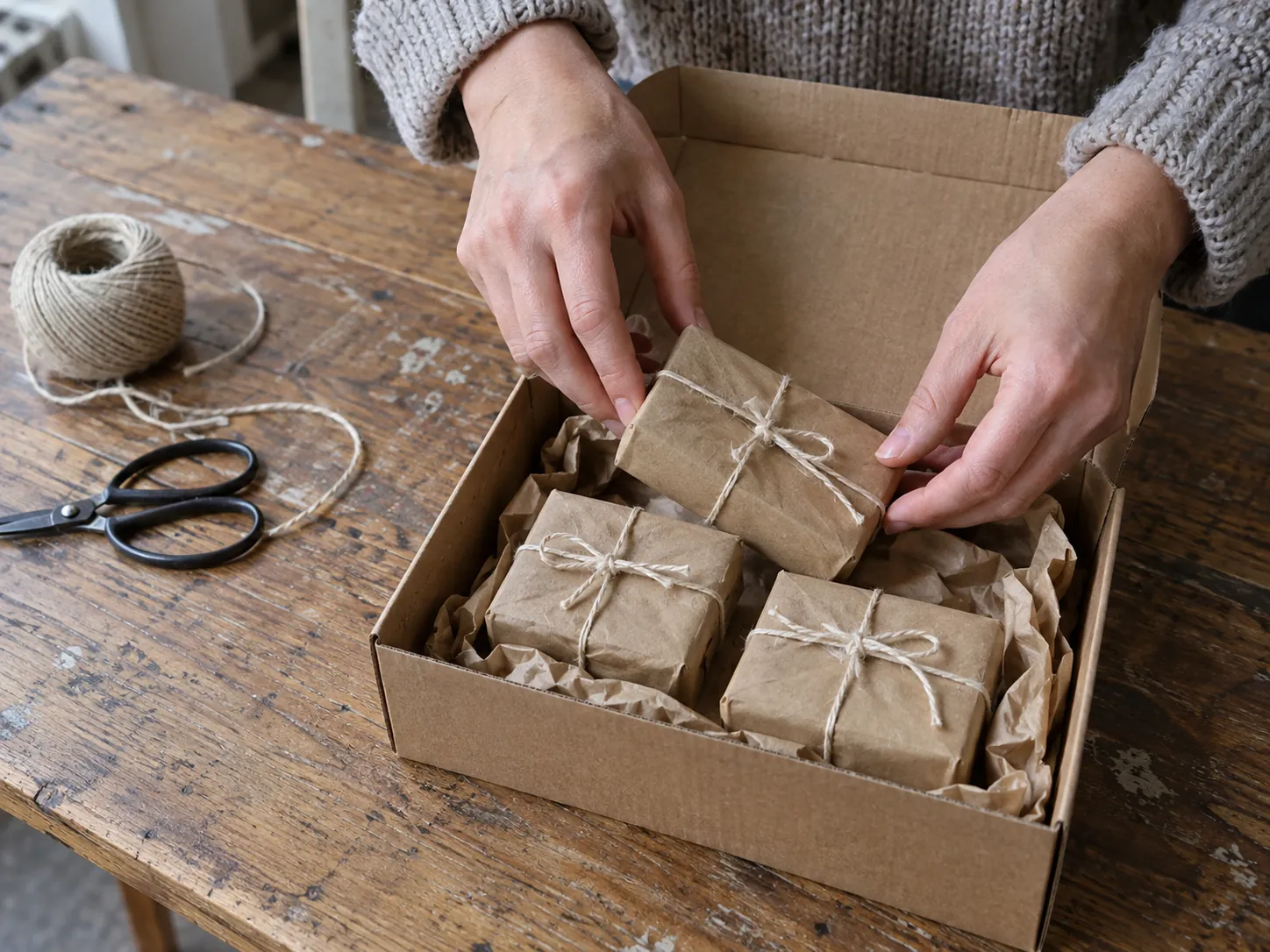 A maker packing bars of handmade soap wrapped in kraft paper into a shipping box